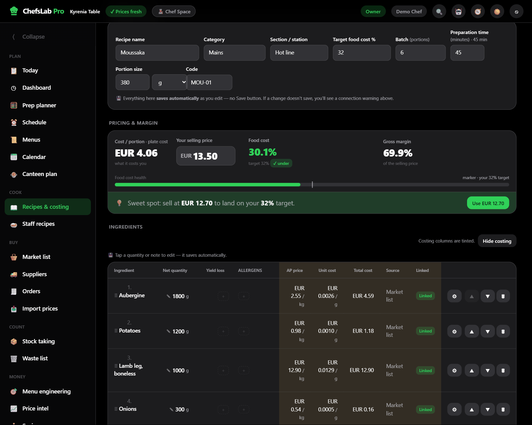 The ChefsLab Pro recipe costing screen for a dish called Moussaka: recipe settings, a pricing panel showing cost per portion, selling price, food cost percentage and gross margin, and an ingredient table listing aubergine, potatoes, lamb leg and onions with their unit cost and total cost.
