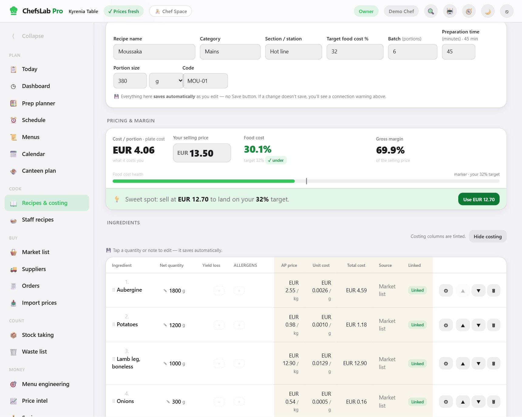 The ChefsLab Pro recipe costing screen for a dish called Moussaka: recipe settings, a pricing panel showing cost per portion, selling price, food cost percentage and gross margin, and an ingredient table listing aubergine, potatoes, lamb leg and onions with their unit cost and total cost.